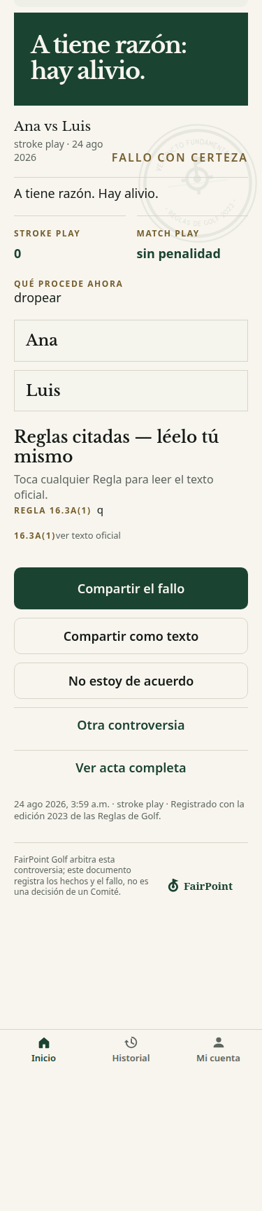 Vista real del fallo de FairPoint con la acción para compartir